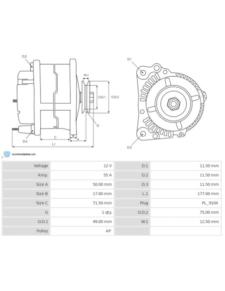 Alternador Seat 124, Seat 131, Seat 132. Válido para motores de gasolina 1200, 1430, 1600, 1800 y 2000