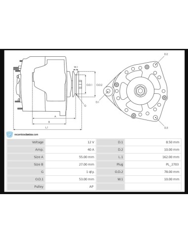 Alternador Renault 12 40A 7700555163 7700576795 7700615361 7700644580 7700691736 7700707392 7700710342 7700758336 7701348311
