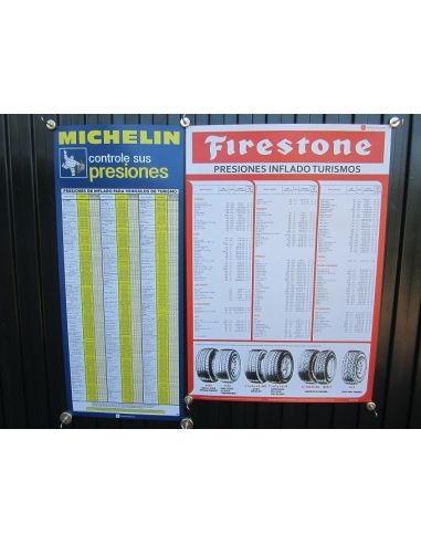 Carteles Firestone y Michelin presión neumáticos gasolinera