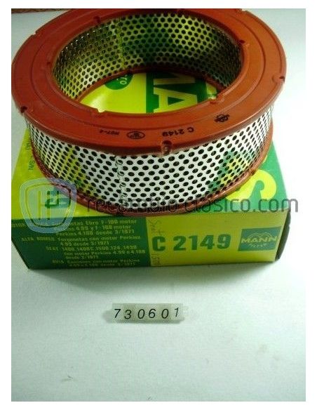 Filtro de aire Motor Perkins 4.99 y 4.108. Ebro F100, Alfa Romeo Fadisa, Seat 1400, Seat 1400 C, Seat 1500, Seat 124, Avia.