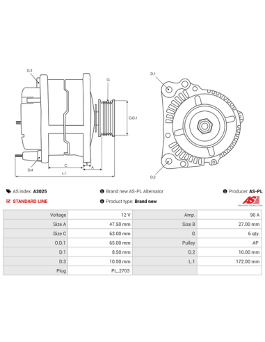 Alternador 12V 90A Renault 21 Fase I Renault 21 Fase II 7700730365